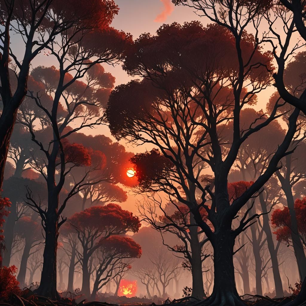 Fiery Sunset Over Spooky Trees in Detailed Matte Painting
