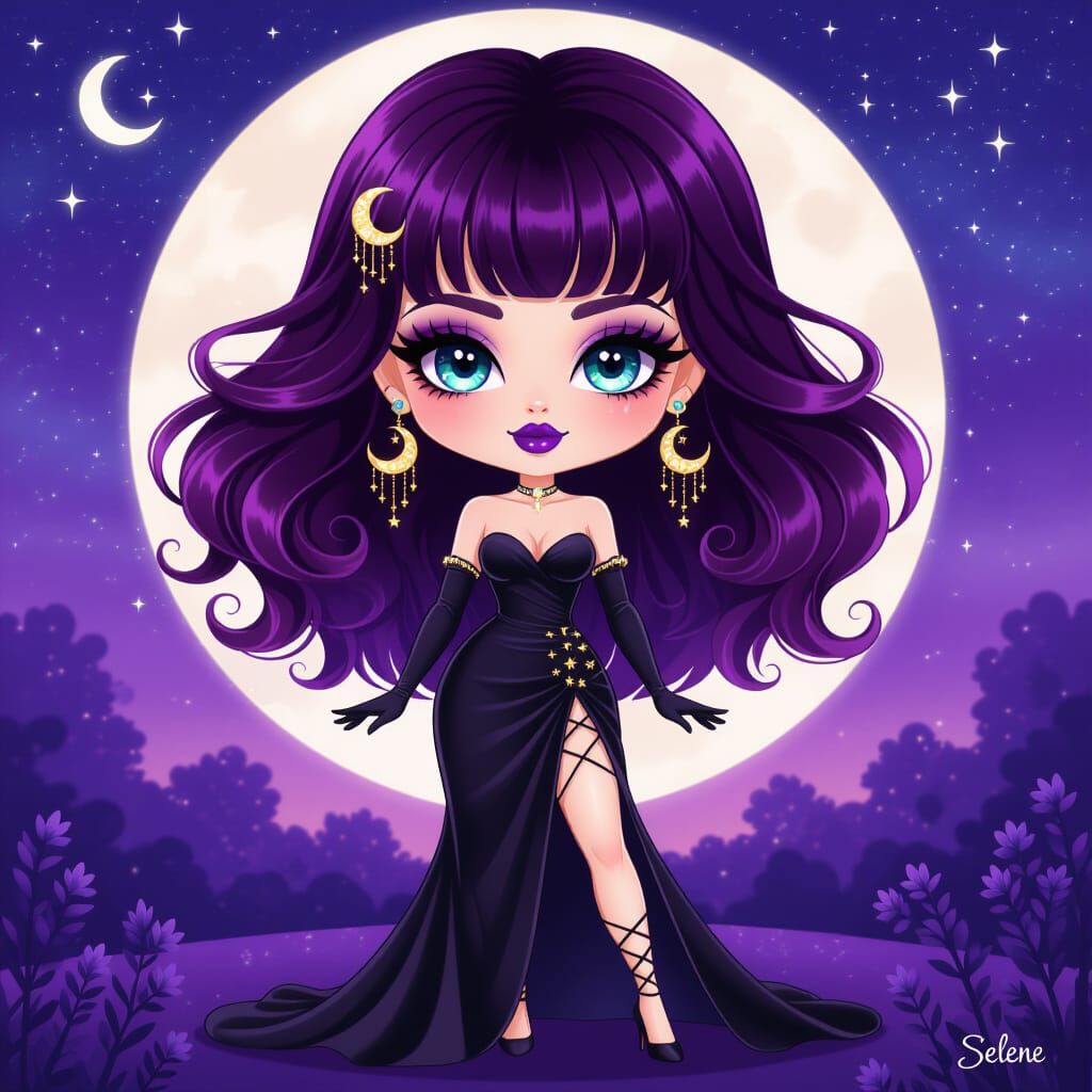 Chibi Celestial Goddess Selene in Cosmic Twilight