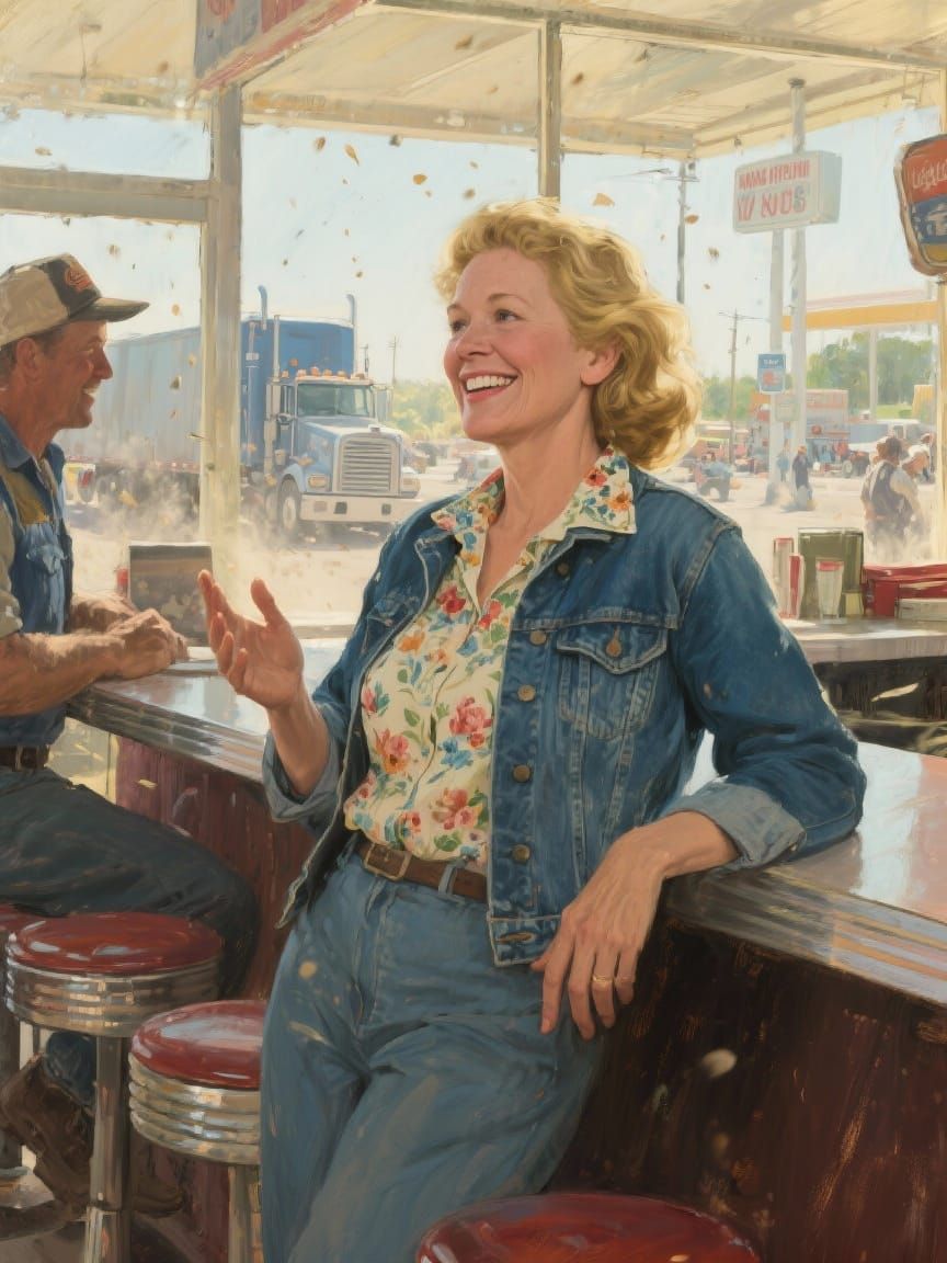 Vibrant 50-Year-Old Woman at Truck Stop Diner