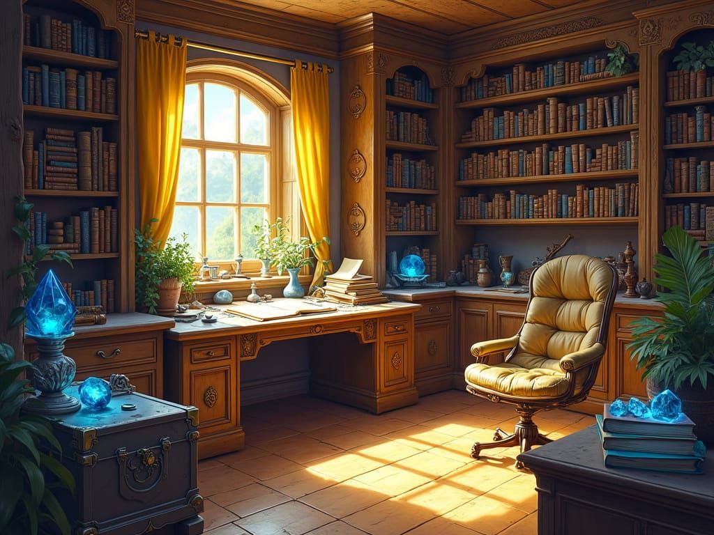 Fantastical Wizard's Office in Vibrant, Cozy Style