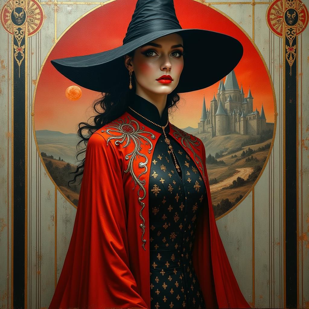 Majestic Witch in Art Nouveau Medieval Style
