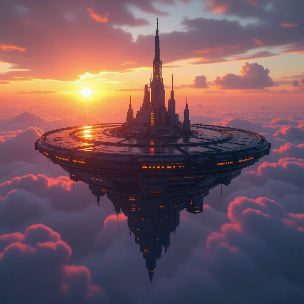 Floating Island in Dramatic Sunset Sky