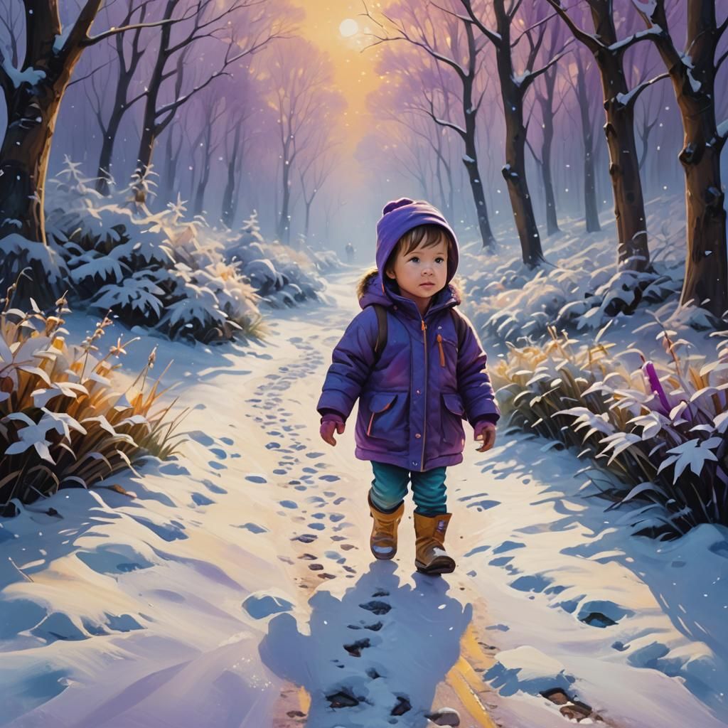 Toddler on Snowy Path: Whimsical Oil Painting
