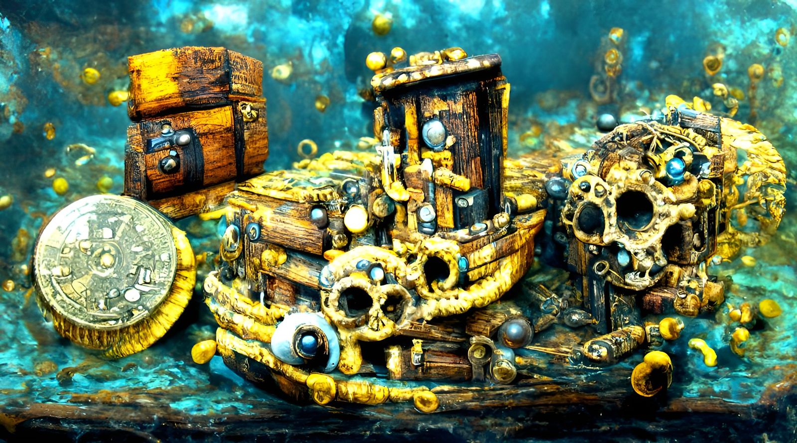 Steampunk Pirate Treasure Chest Underwater in Dystopian Styl...