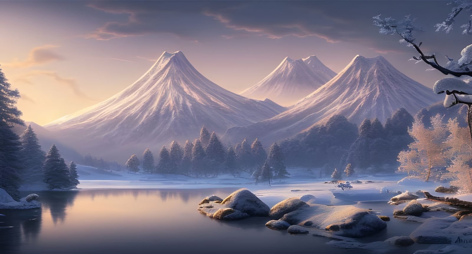 Japanese Winter Mountain Sunset: Hyper-Realistic Digital Art