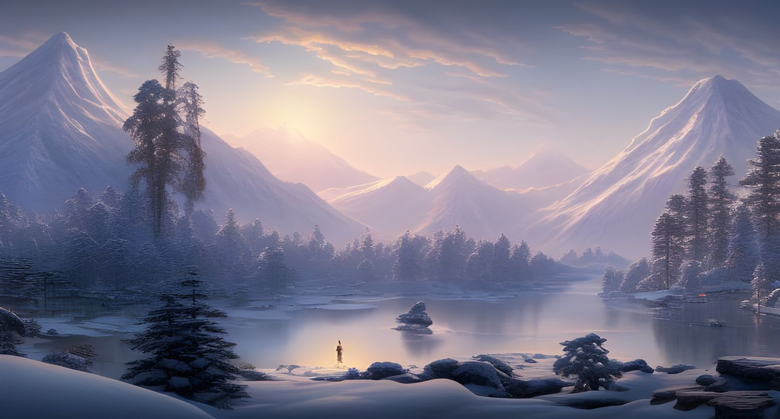 Japanese Winter Mountain Sunset in Detailed Digital Art