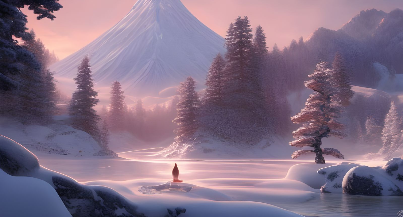 Detailed Japanese Mountain Winter Landscape: Digital Art