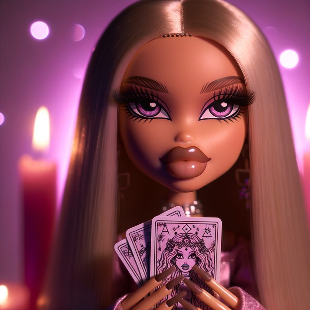 Bratz Doll Avatar Holding Tarot Cards in Neon Glow
