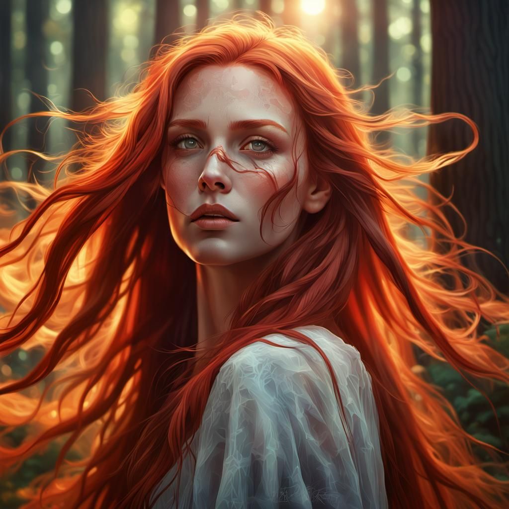 Red-Haired Beauty in Forest Light: Hyperdetailed Portrait