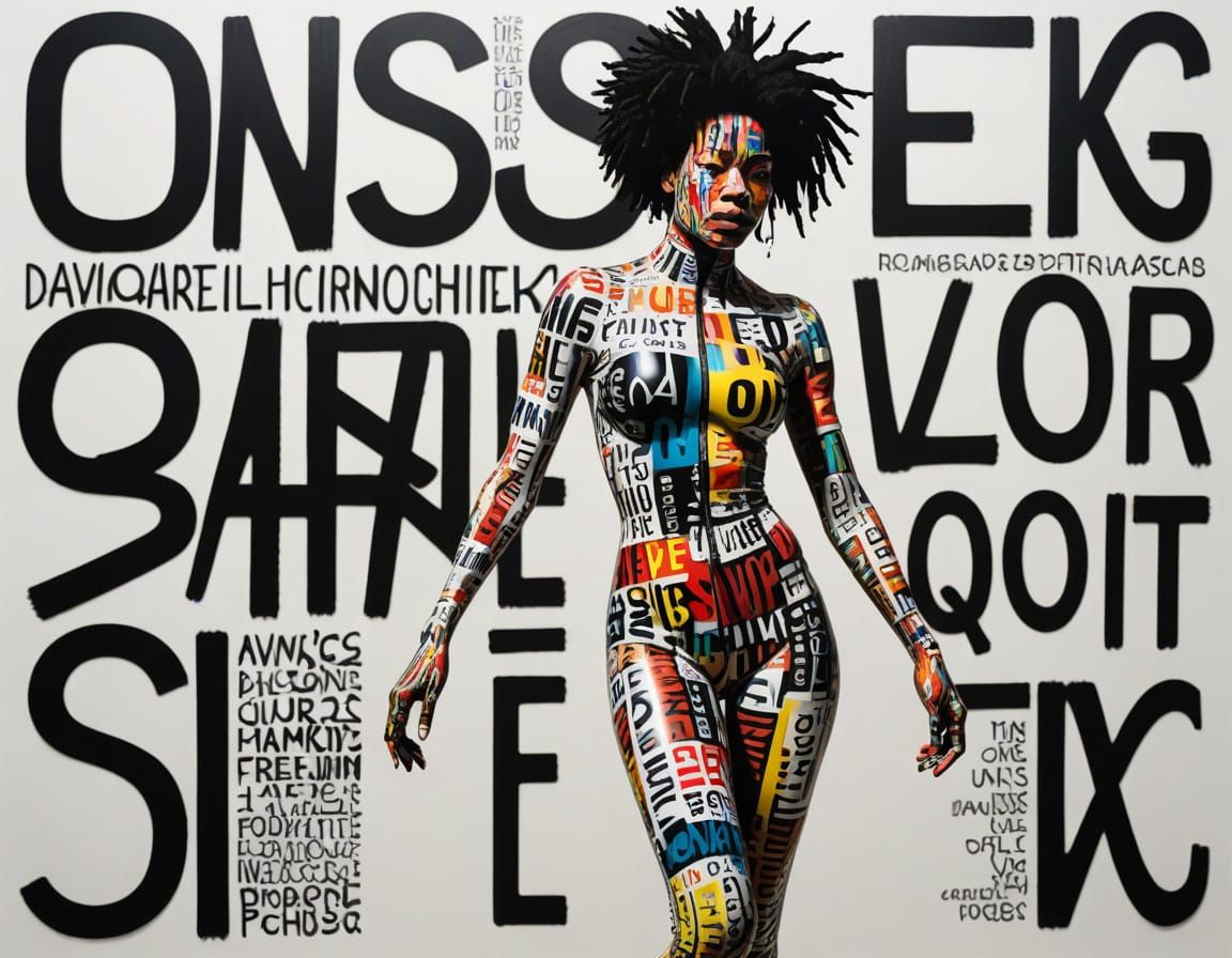 Surreal Technicolor Goddess in Dynamic Calligram Style