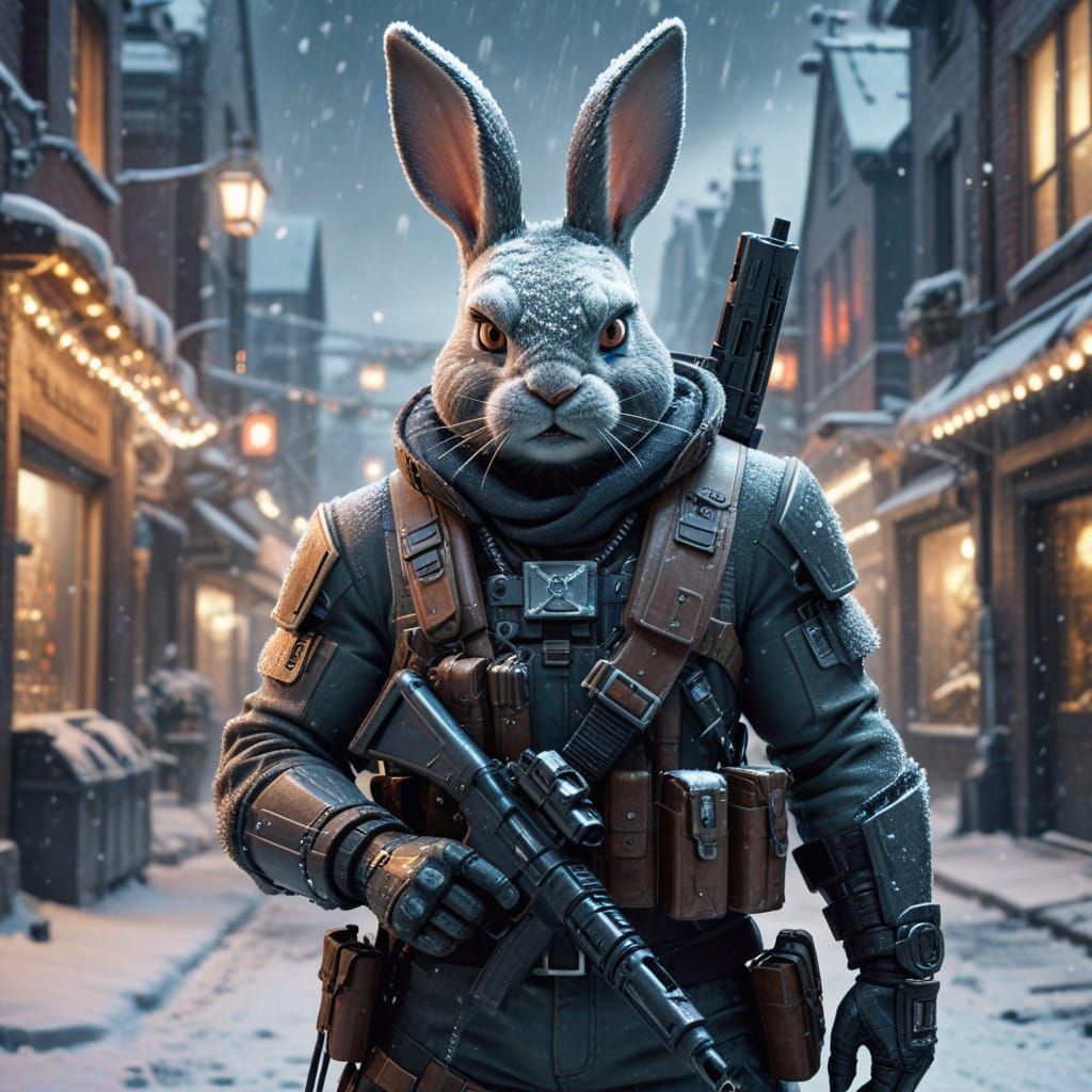 Futuristic Rabbit Takes Aim in Cyberpunk Winter Scene