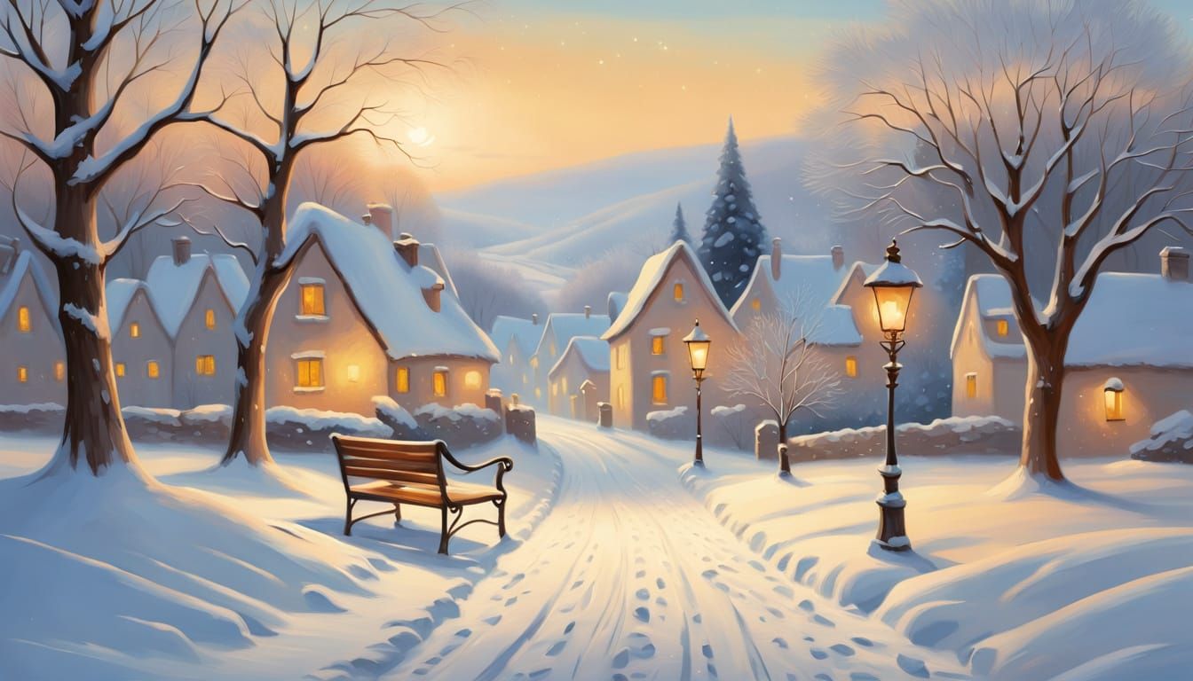Impressionist Winter Village with Snowy Path