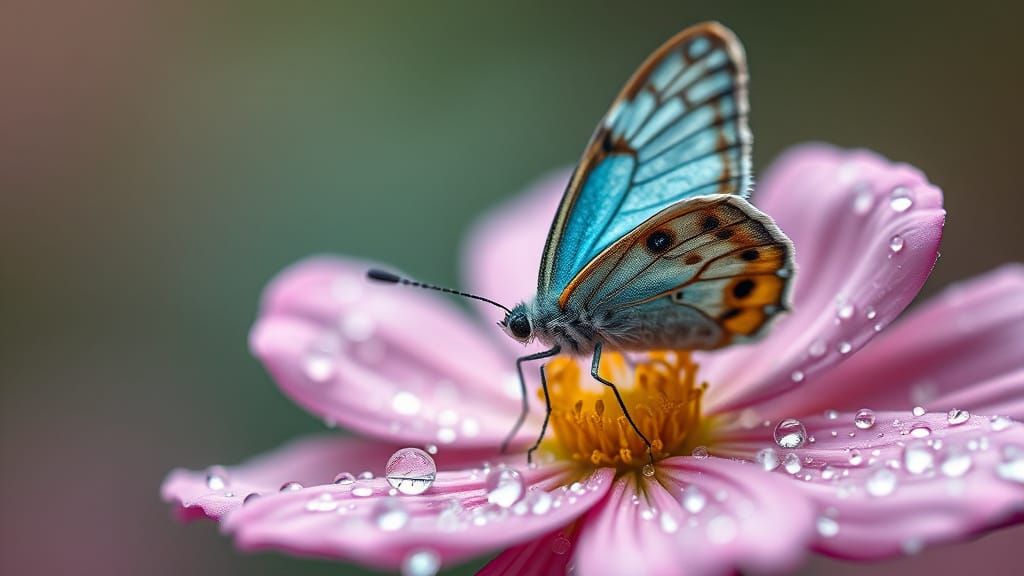 Rain-Kissed Butterfly on Miniature Flower, Macro Photography