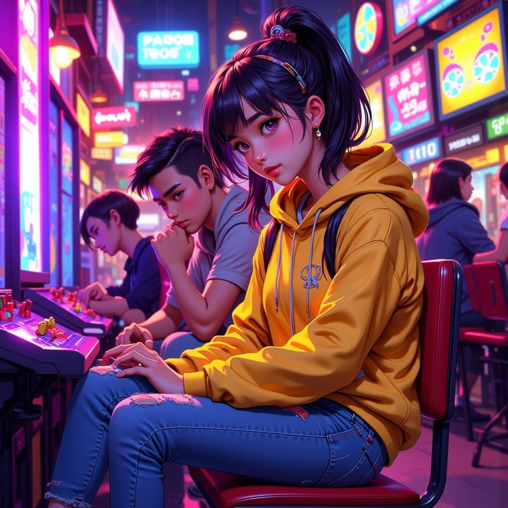 Filipino Girl at Arcade: Anime Style with Neon Lights