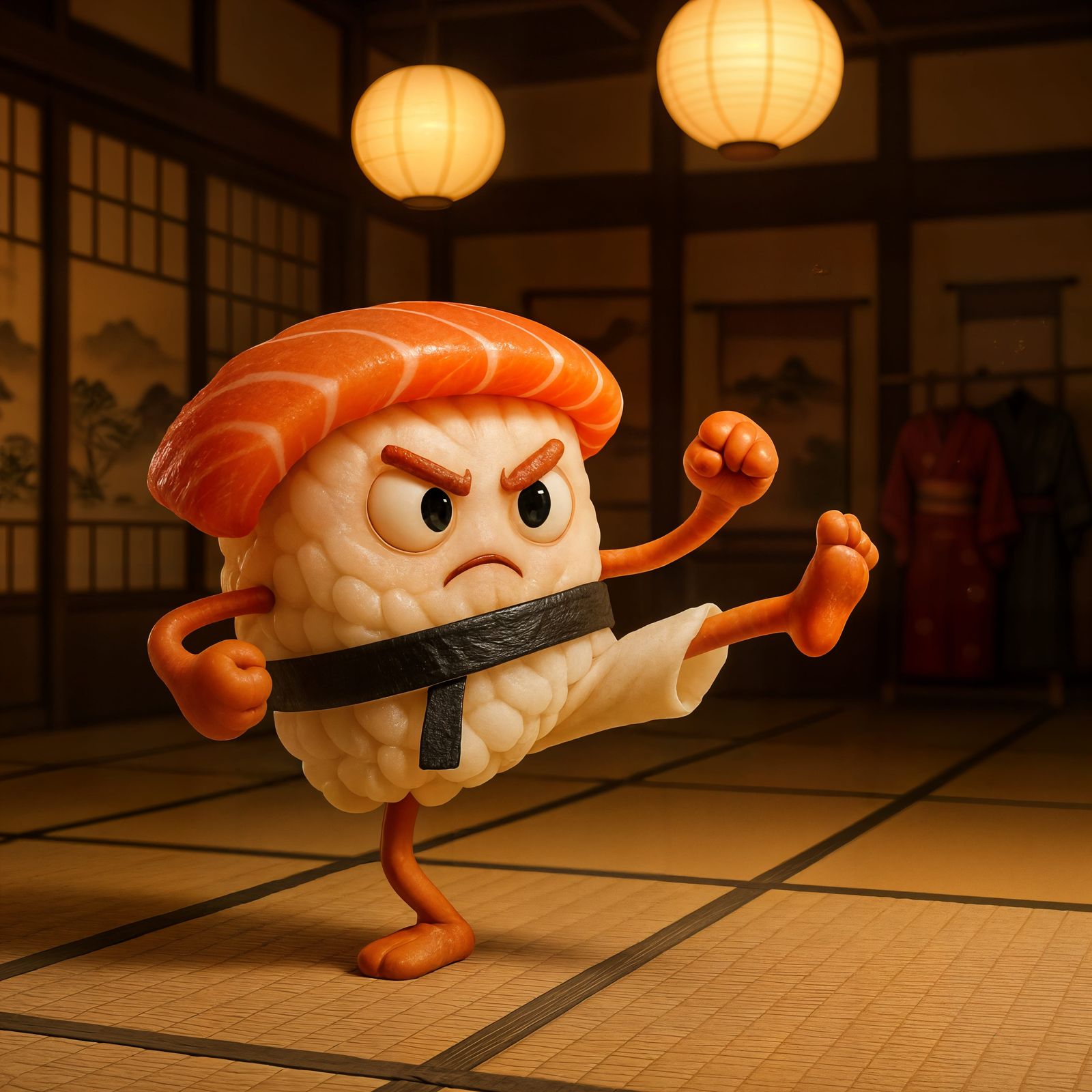 Animated Sushi Master in Dojo at Night