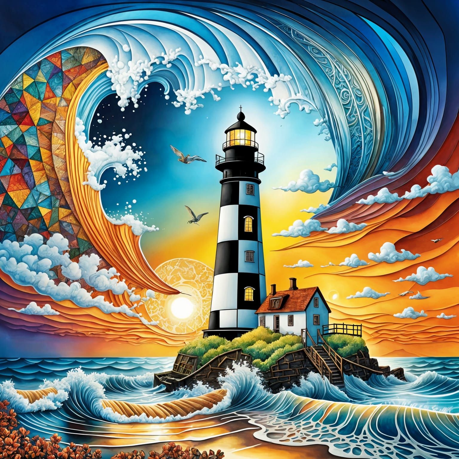 Surreal Lighthouse at Sunrise: Bosch, Van Gogh Style