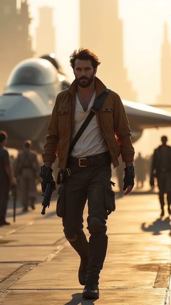 Cyberpunk Space Pilot Strides Across Interstellar Spaceport