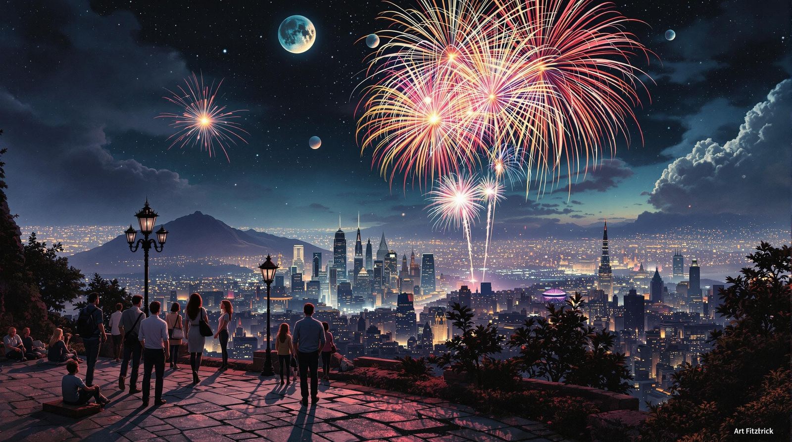 Retro-Futuristic Fireworks Display Over a Bustling City