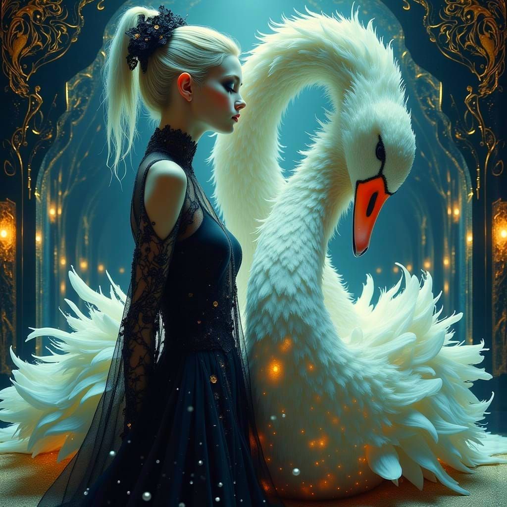 Swan Queen in a Futuristic Interior, Elegant Fantasy