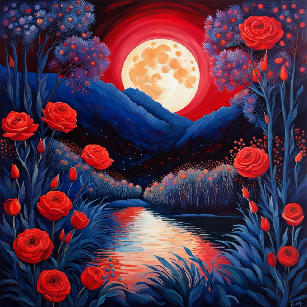 Blood Moon Over Indigo Rose Gardens in Rococo Style