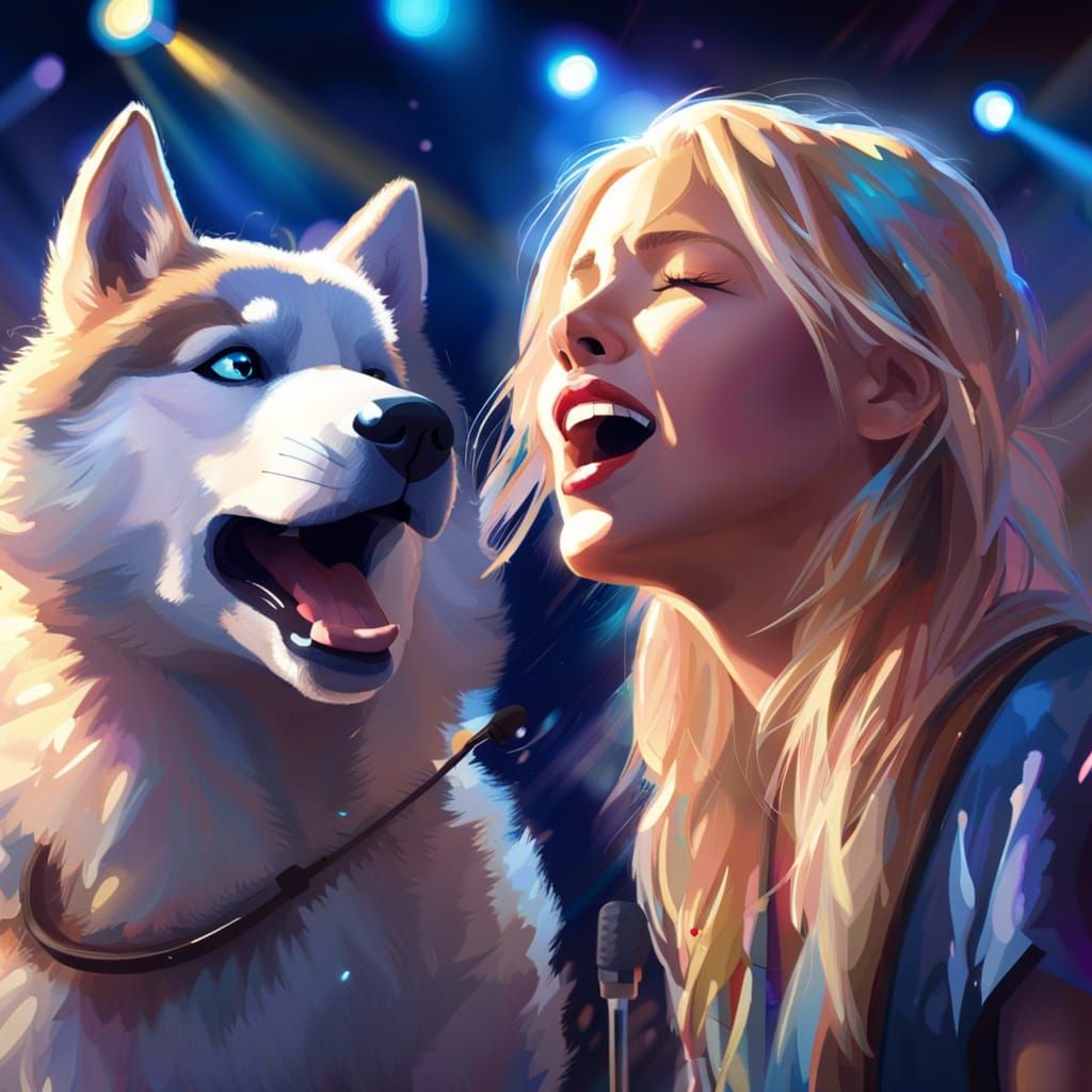 Woman and Husky Sing Onstage: Hyperrealistic Splash Art