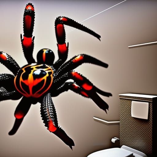 Giant Black Spider on Toilet: Detailed Matte Painting
