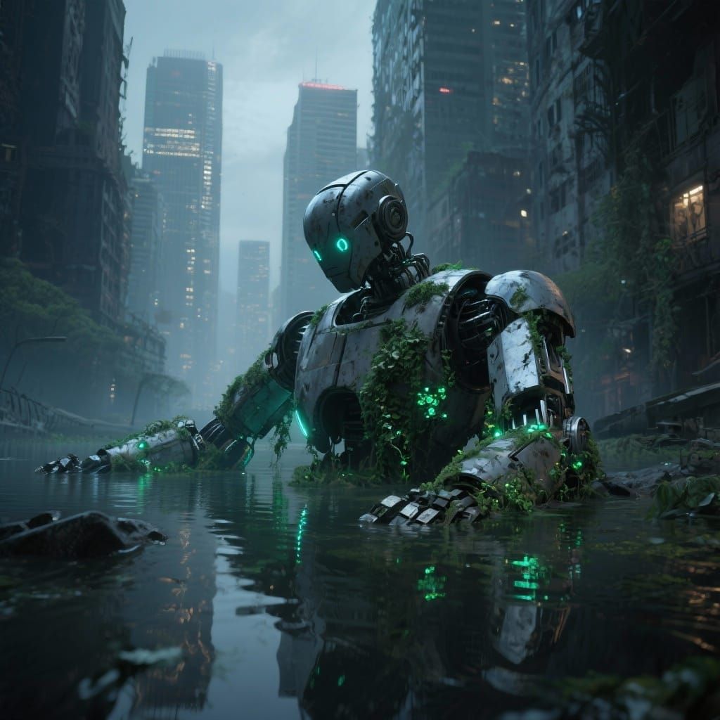 Colossal Robot in Flooded Dystopian Cityscape