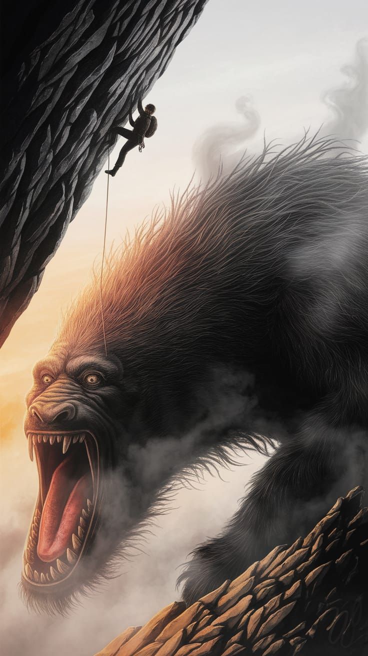 Mountaineer and Beast in Mixed Media Art