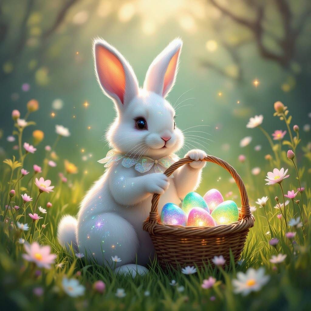 Majestic Easter Bunny in Iridescent Fur and Glowing Eggs