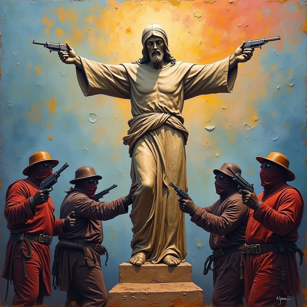 Christ the Redeemer Held Up, Expressionist Oil Painting