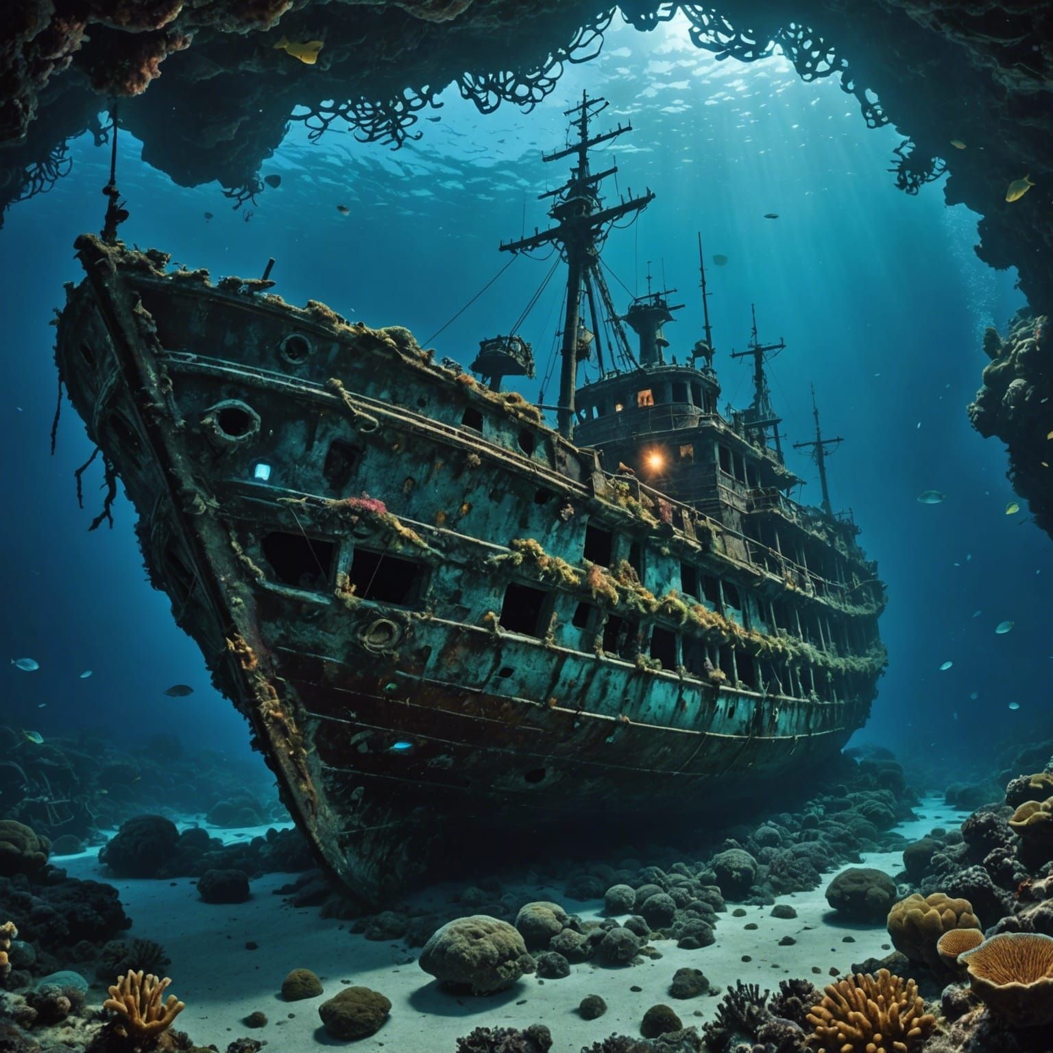 magnificent bioluminescent Shipwrecks under ethereal coral u...