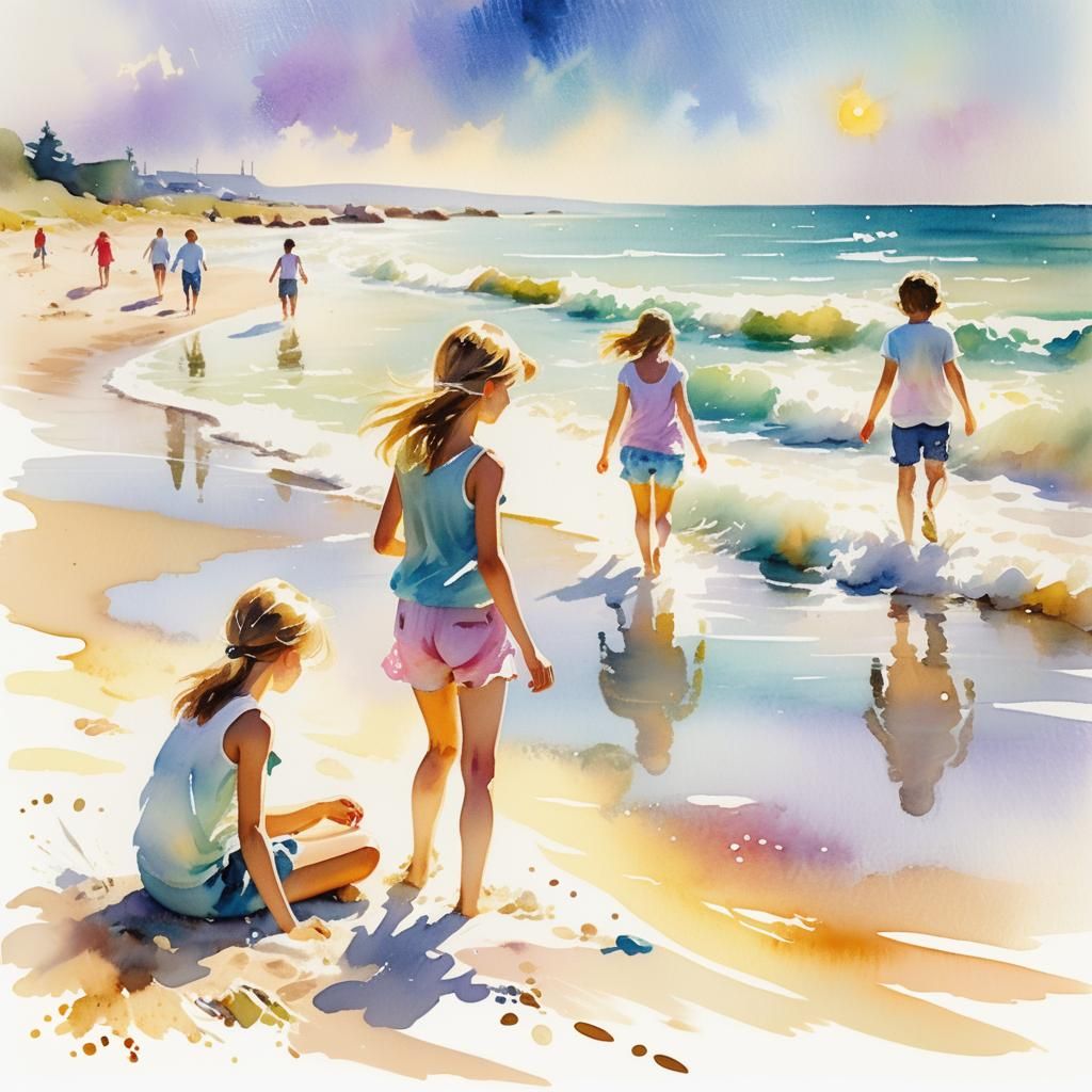 Whimsical Summer Beach Scene in Impressionist Watercolor