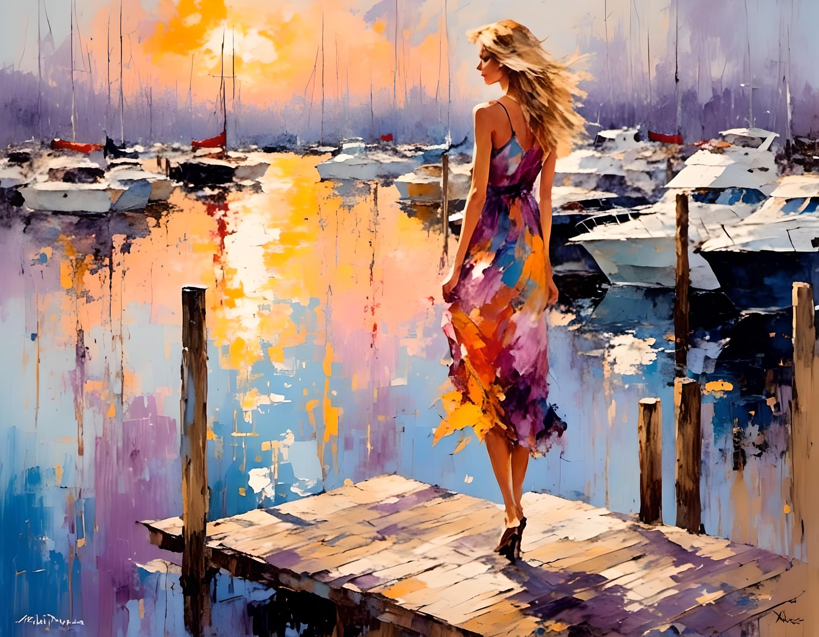 Impressionist Woman at Sunset Marina