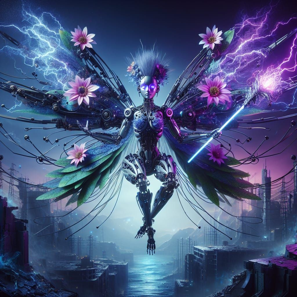Mechanical Fairy Over Ruined City in Techno-Magic Style