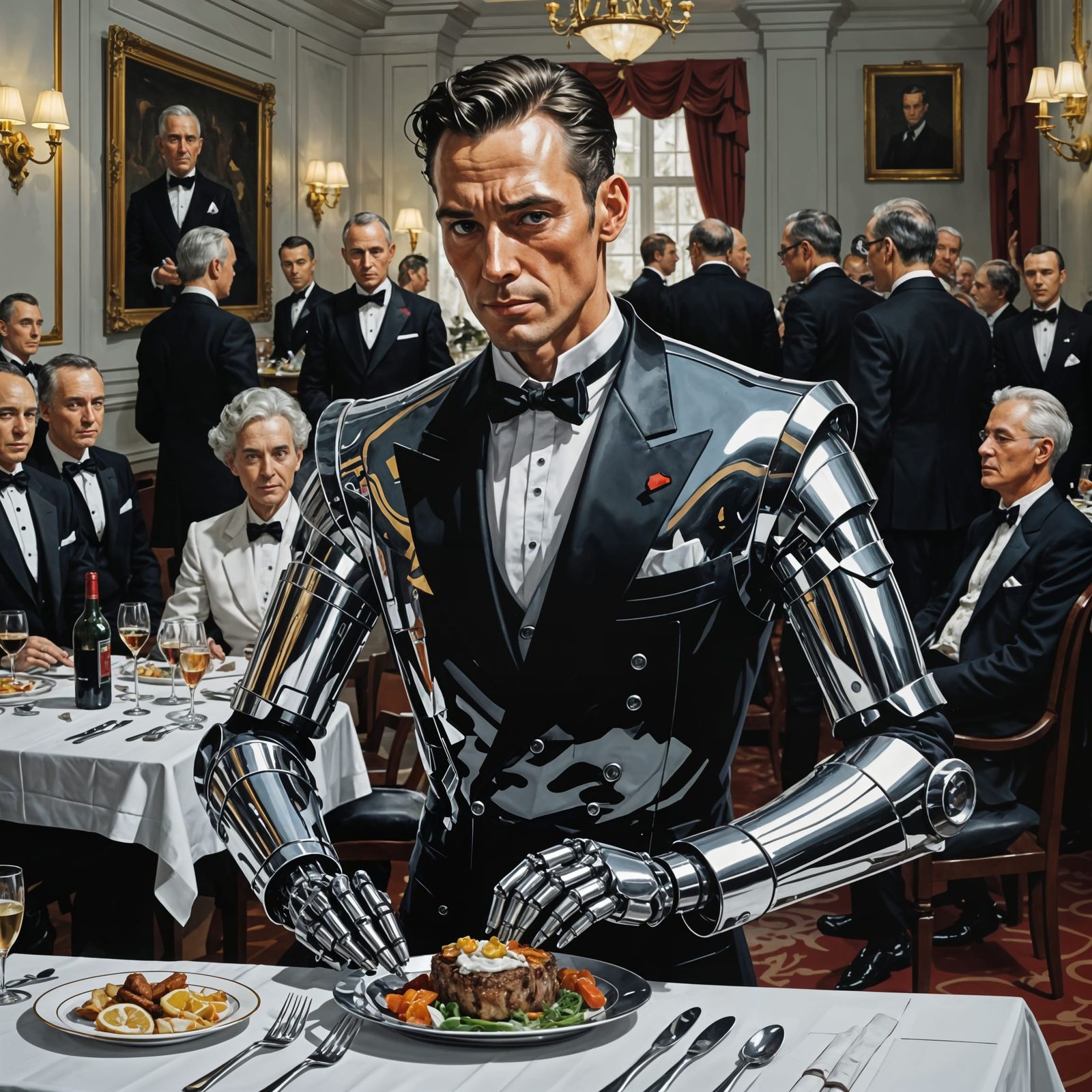 Silver Robot Butler Serving Dinner, Digital Art