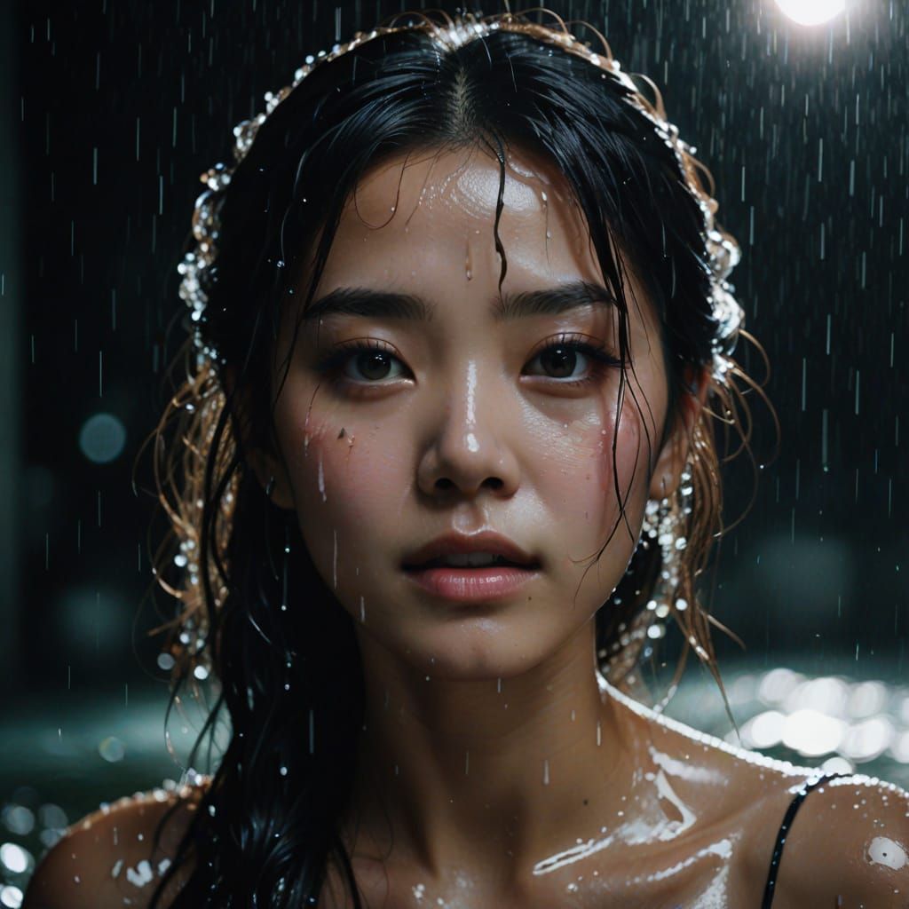 K-Pop Idol Face Glistening with Water in Studio Lighting