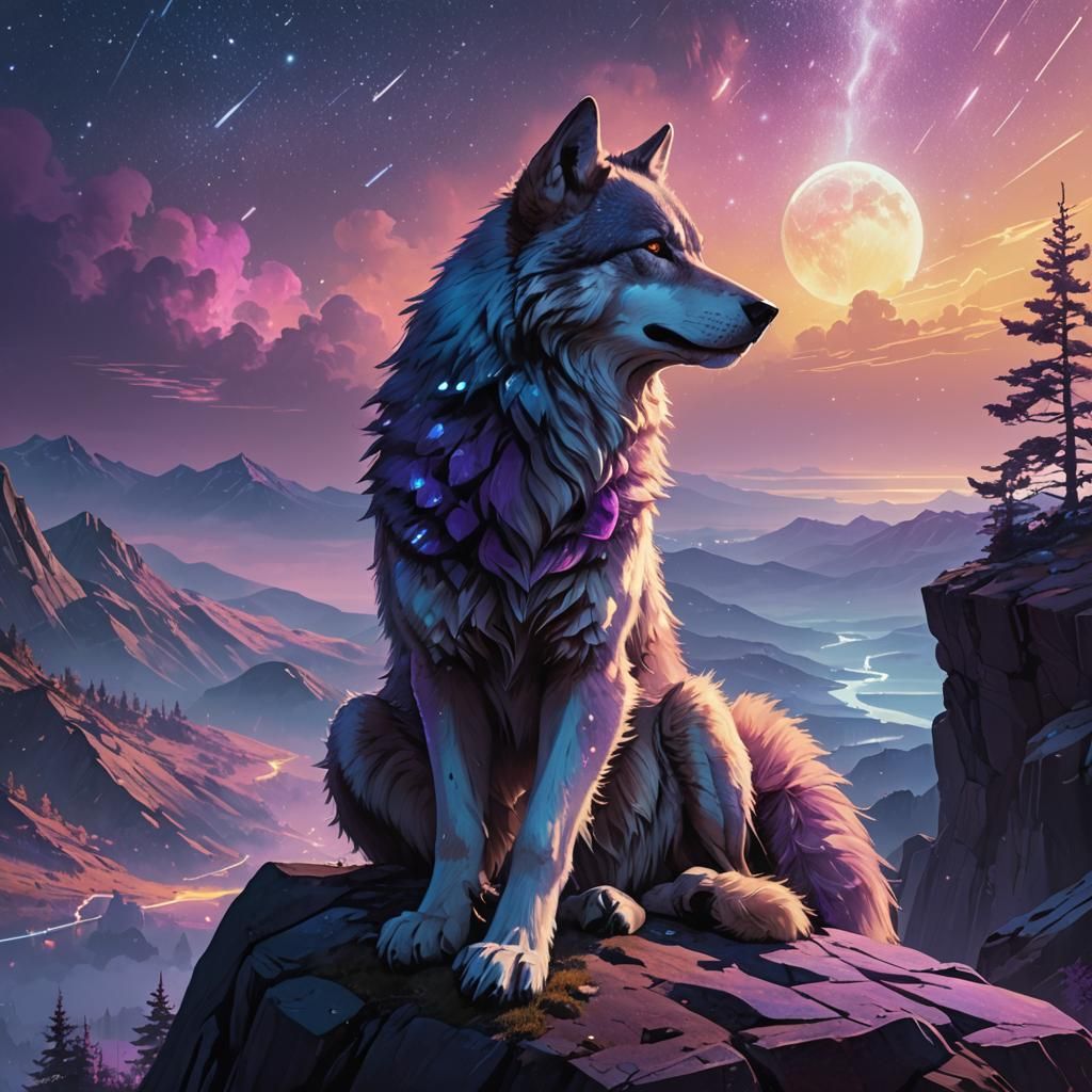 Transparent World Wolf Gazing at Galactic Sky