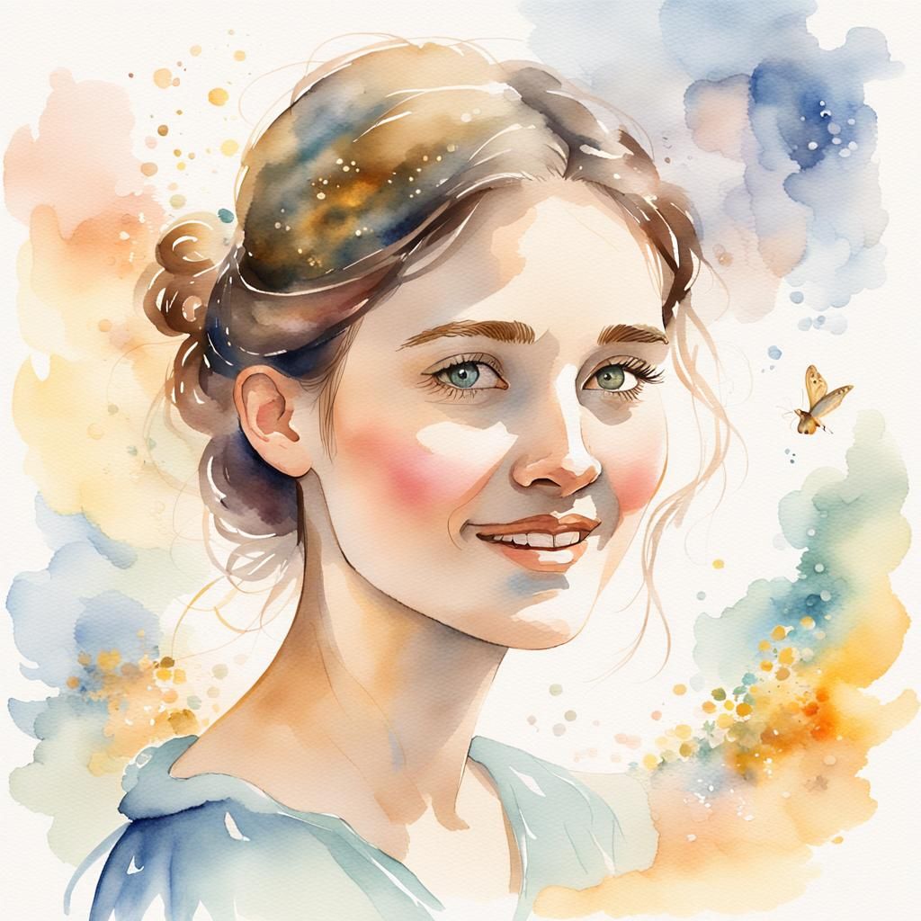 Dreamy Watercolor Portrait of Woman with Memories