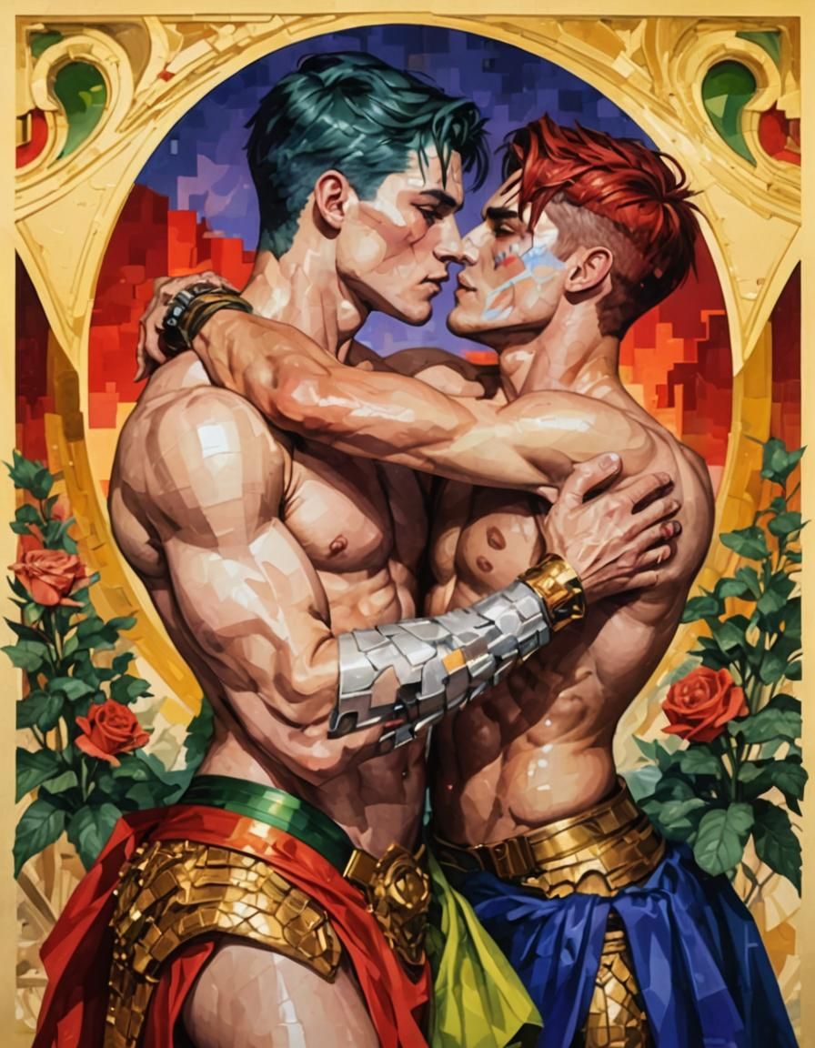 Gay Couple in Glitched Neofuturistic Landscape