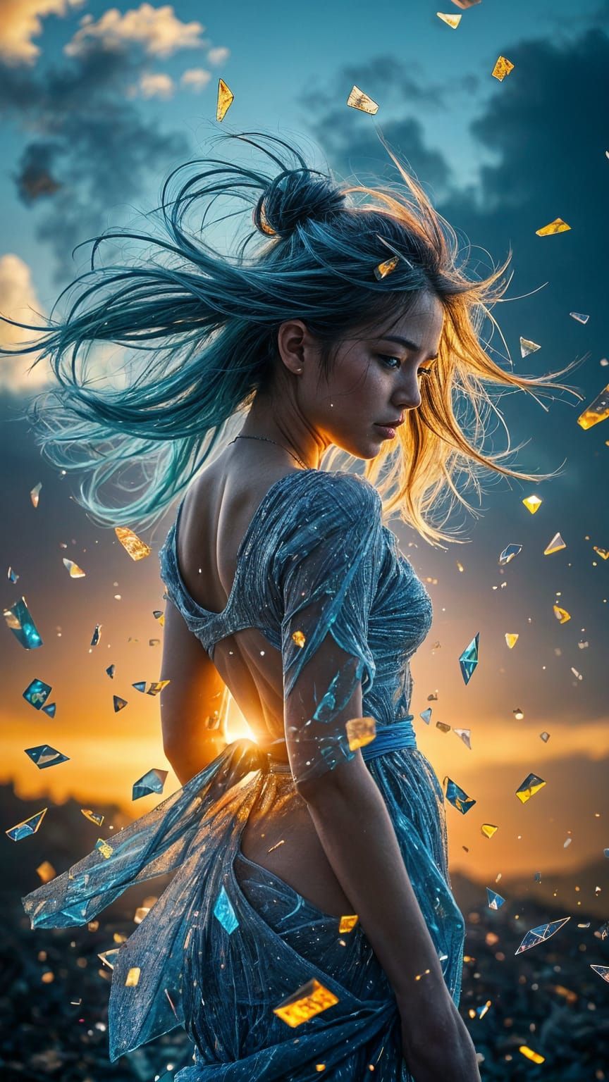 Glass Shard Woman in Windstorm with Dual Lighting