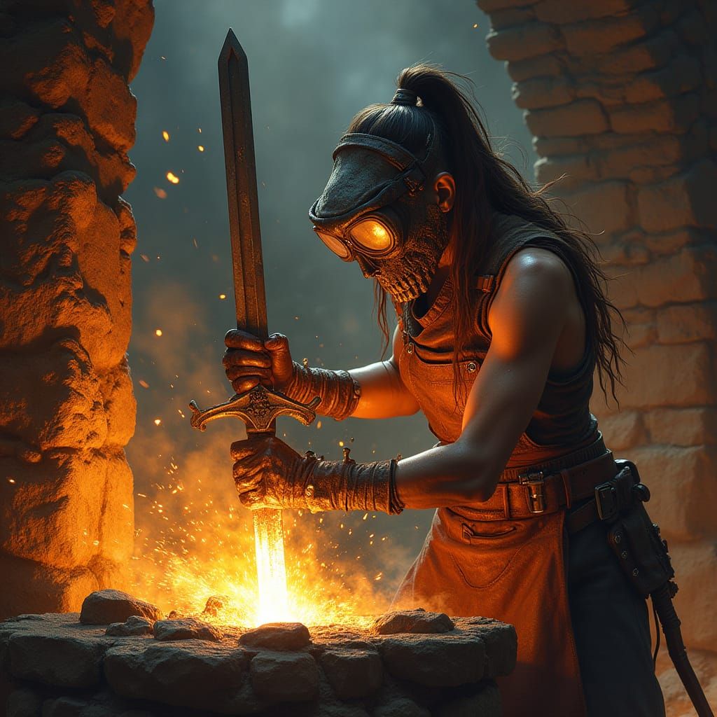 Female Blacksmith Forging Sword in Fiery Forge