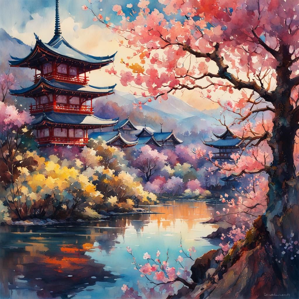 Sakura and Fujiyama: Detailed Fantasy Watercolor