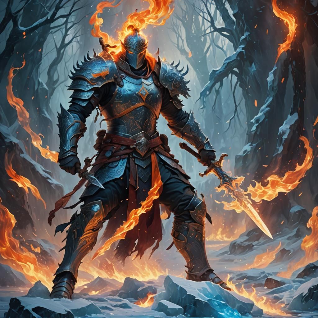 Warrior Amidst Ice and Fire in Oil Painting Style