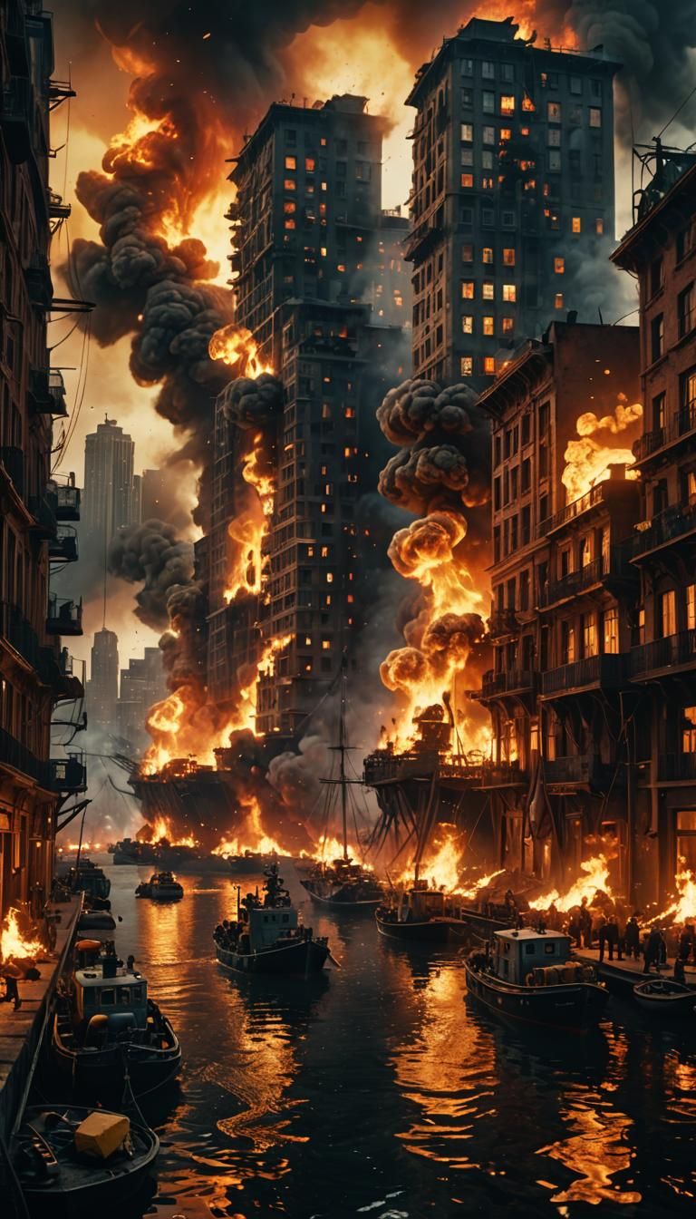 Cityscape Ablaze: Epic Cinematic Digital Matte Painting
