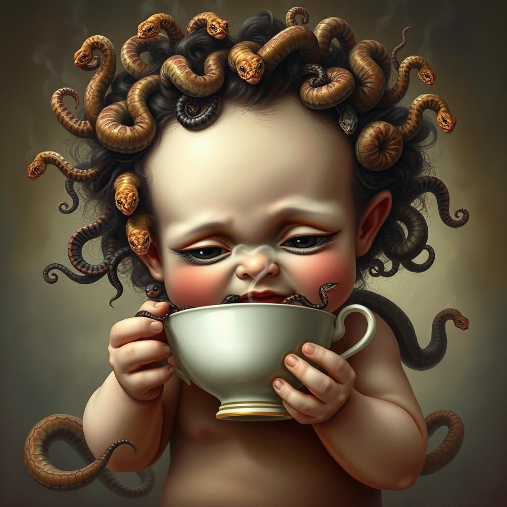 Baby Medusa Drinks Tea in Surrealist Style