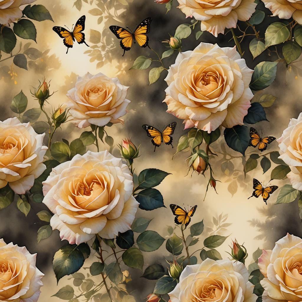 Symmetrical Rose Blooms in Watercolor with Ink Outlines