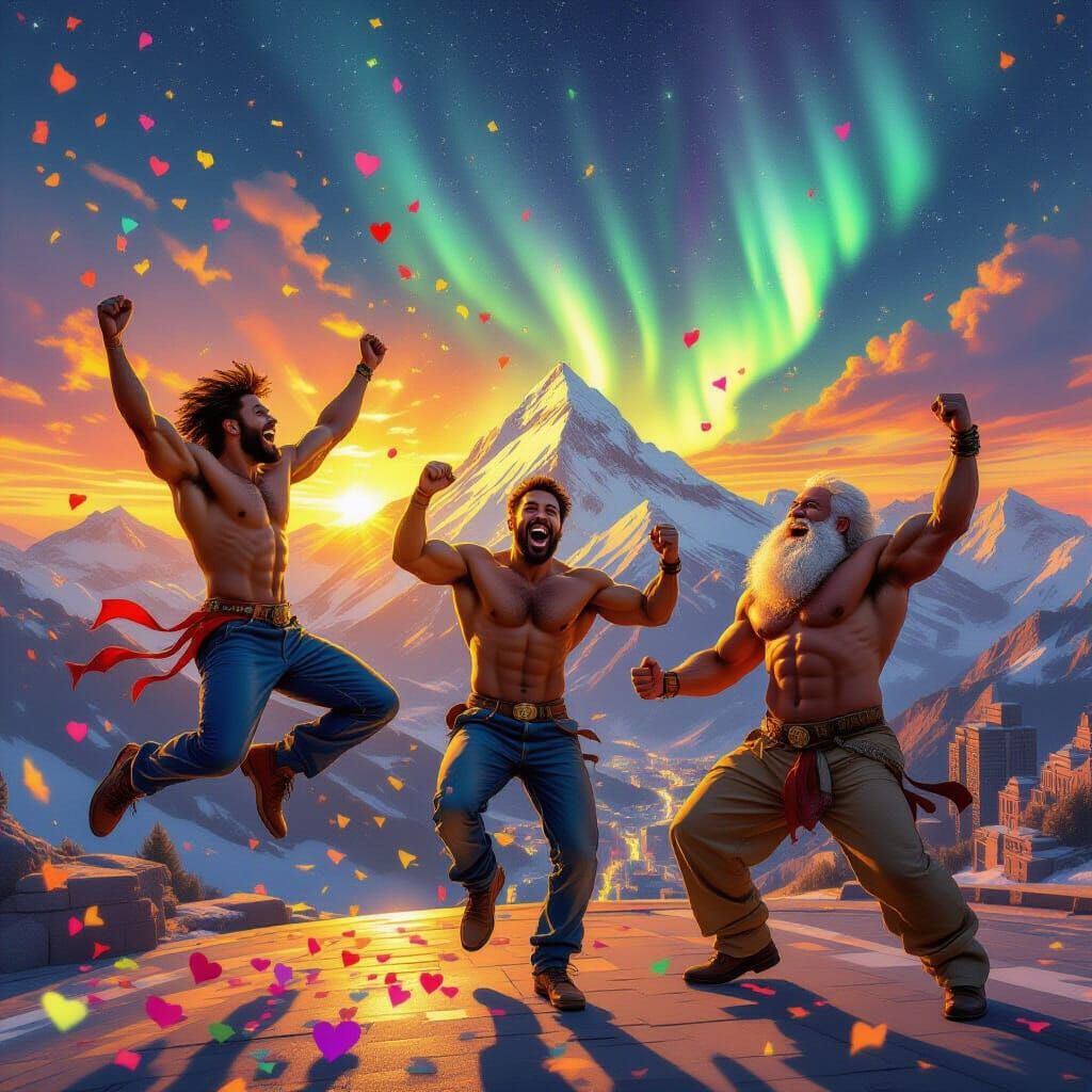 Men Celebrating Life: Sunset, City, and Aurora
