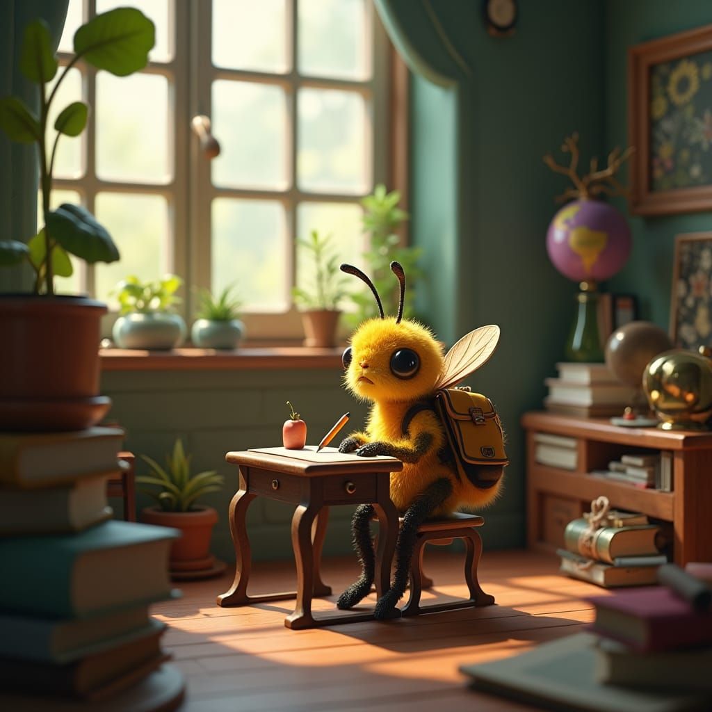 Bee Student in Whimsical Classroom, Detailed Matte Painting