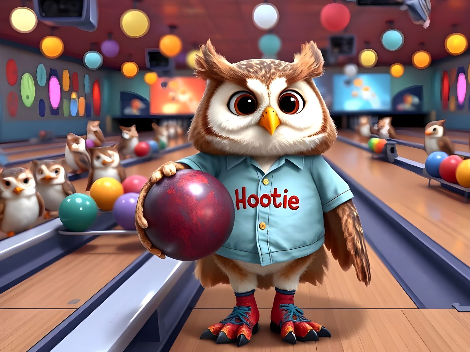 Whimsical Owl Bowling Scene in Vibrant Alley