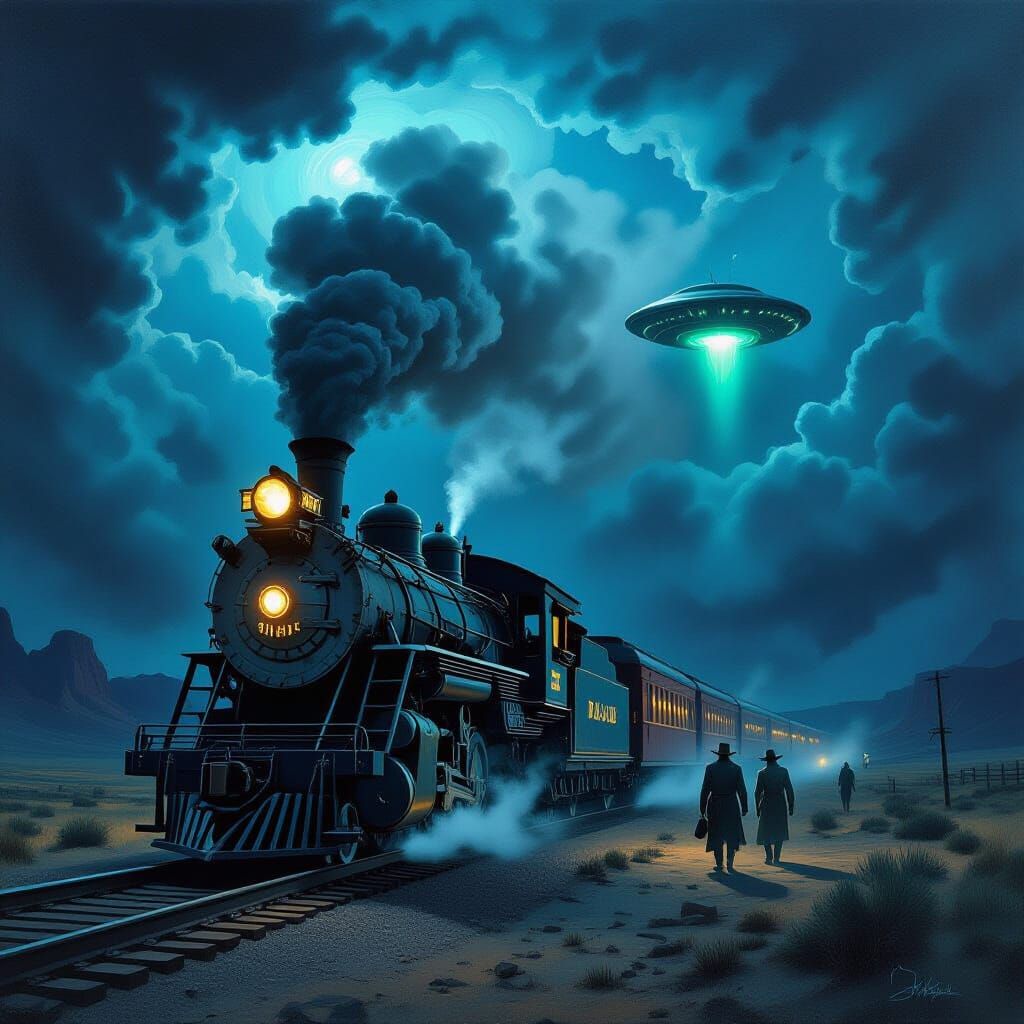Wild West Alien Train Robbery Oil Painting